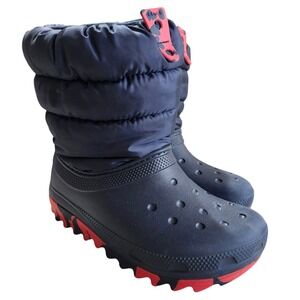 Crocs Neo Puff Snow Boots Kids J2 Navy Blue Red Warm Faux Fur Lined 207684